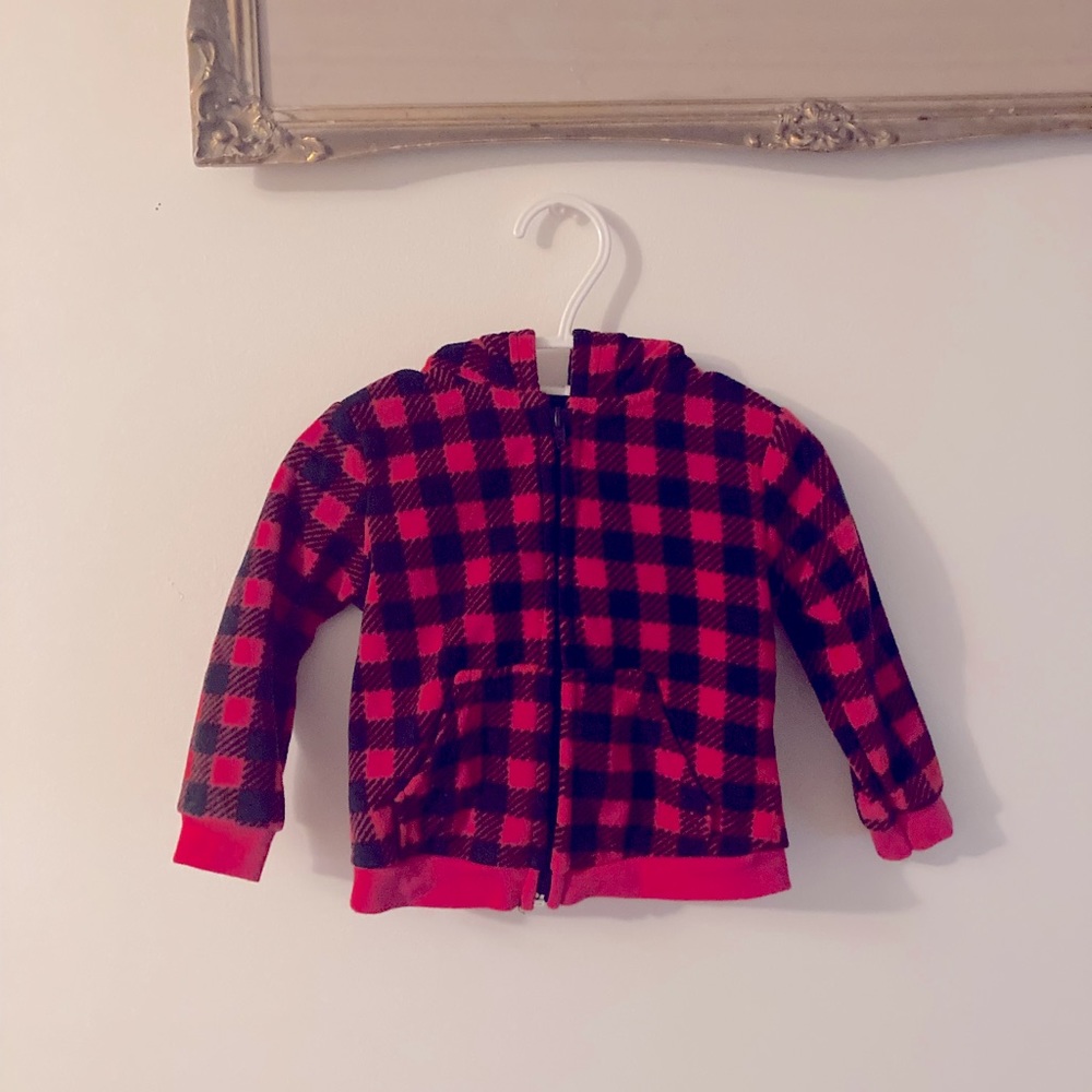 Baby Mode Black and Red Zip-Up Plaid Fleece with Bear Ear Hood Size 12 Months